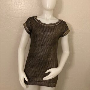 Denny Rose Metallic Gold and Black Short Sleeve Ribbed Striped Top Medium